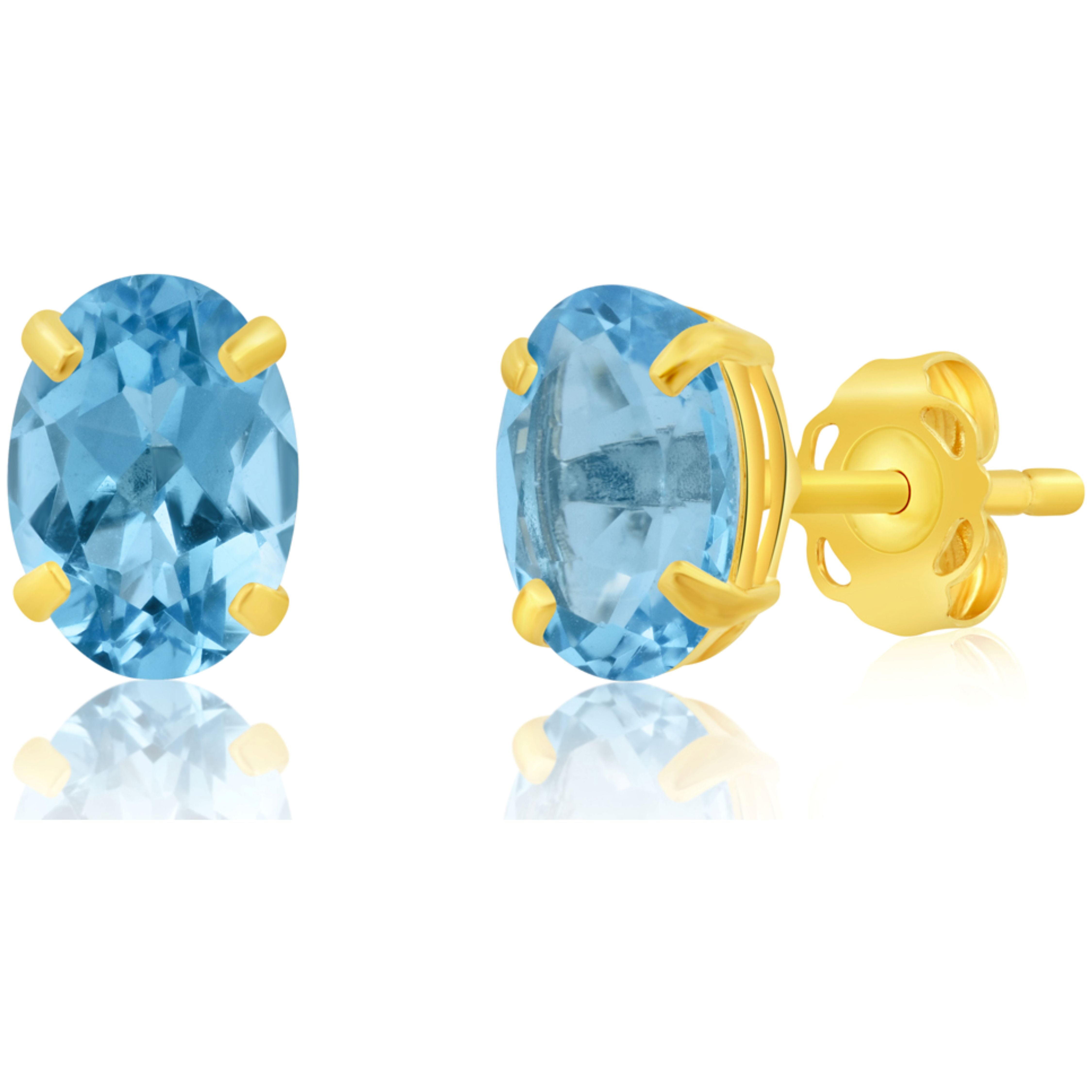 14k Yellow Gold Swiss Blue Topaz Oval Stud Earrings for Women