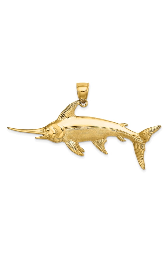 14k Yellow Gold Swordfish Pendant for Men or Unisex, Nautical Marine Life Necklace Charm with Textured Polished Finish, Ocean Fishing Jewelry Symbolizing Strength and Adventure