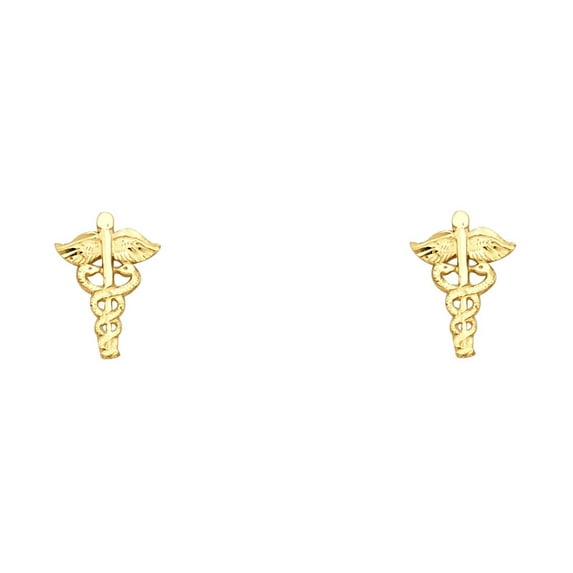 14k Yellow Gold Symbol of Medicine Stud Earrings RN Symbol Post Studs Polished Finish 11 x 7 mm