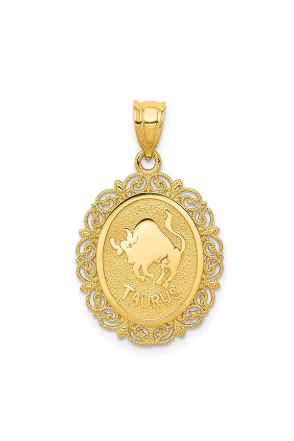 14k Yellow Gold Taurus Pendant Necklace for Women with Bold Bull Design, Filigree Border, Oval Medallion, Astrology Zodiac Jewelry Symbolizing Strength and Determination