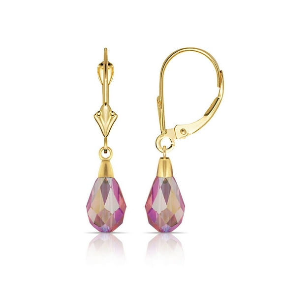 14k Yellow Gold Tear-Crystal Leverback Earrings (6mm X 28mm) (17 Colors) (light-pink/Yellow Gold) Stud Earring for Women