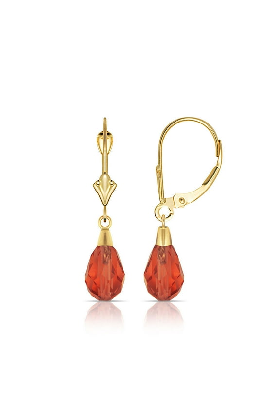 14k Yellow Gold Tear-Crystal Leverback Earrings (6mm X 28mm) (17 Colors) (light-red/Yellow Gold) Stud Earring for Women