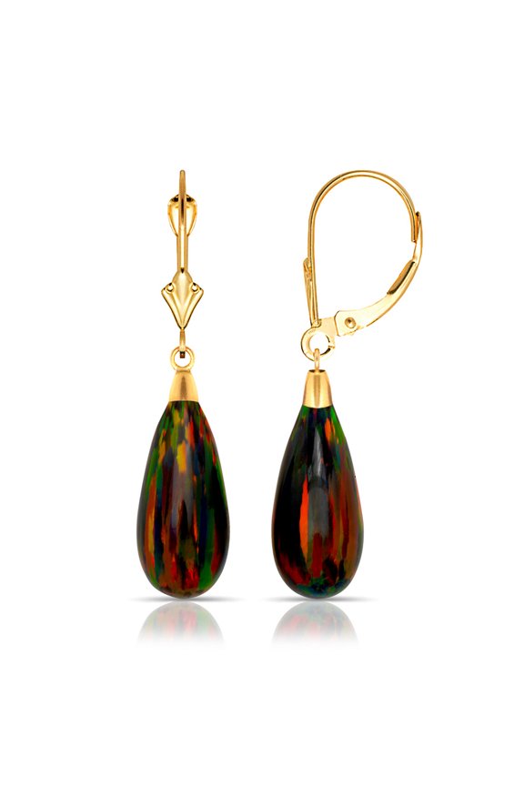 14k Yellow Gold Tear drop Simulated Fire Opal Dangle Leverback Earrings (8mmx40mm) (fiery gray)-Dangle Earring for Women