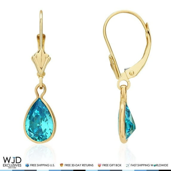 14k Yellow Gold Teardrop Bezel Birthstone Dangle Leverback Earrings 1"