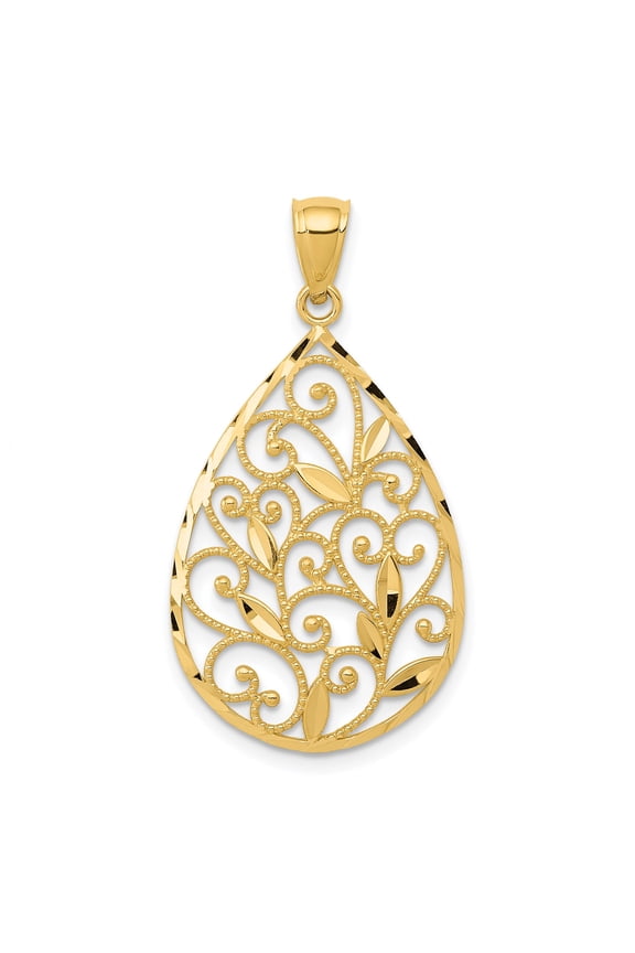 14k Yellow Gold Teardrop Pendant Necklace for Women with Filigree Floral Vine Design, Fine Openwork Botanical Jewelry for Everyday Wear or Elegant Occasions