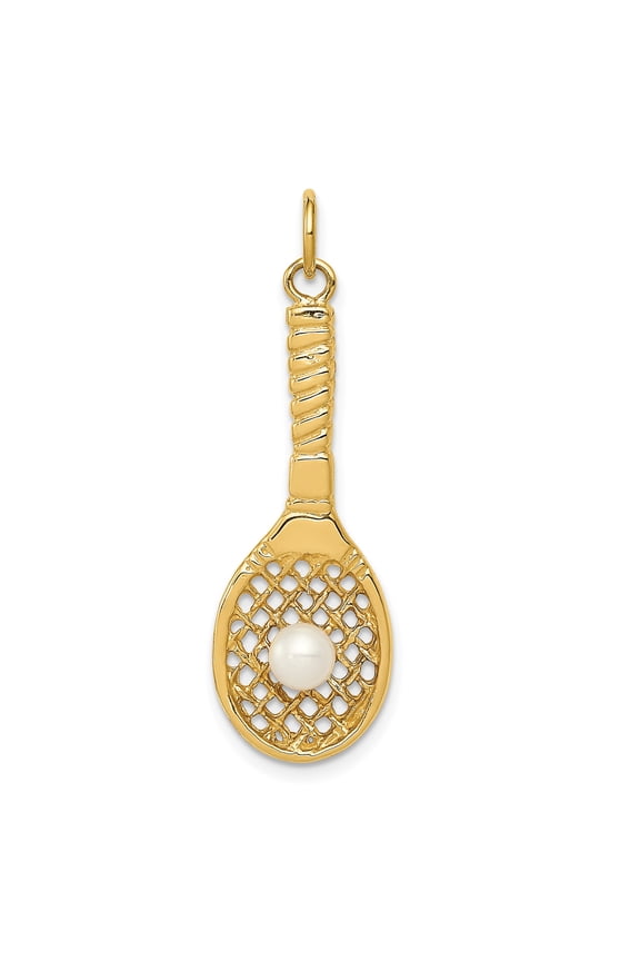 14k Yellow Gold Tennis Racket Pendant with Pearl Accent for Women, Sports Jewelry Charm with Detailed Design, Symbolic Style for Tennis Fans and Active Lifestyle