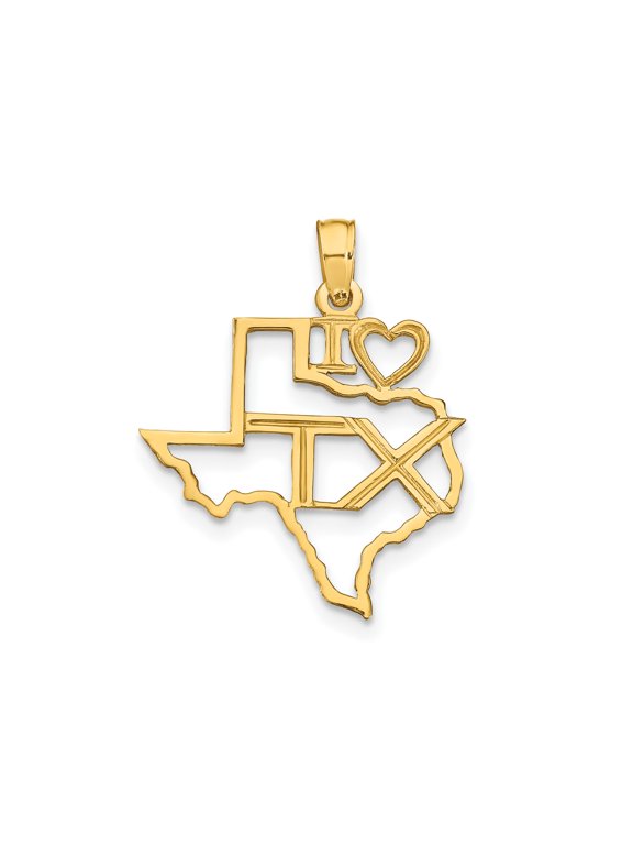 14k Yellow Gold Texas Pendant with Openwork Map Outline and I Love TX Design, Minimalist State Charm for Women or Unisex Necklace Accessory
