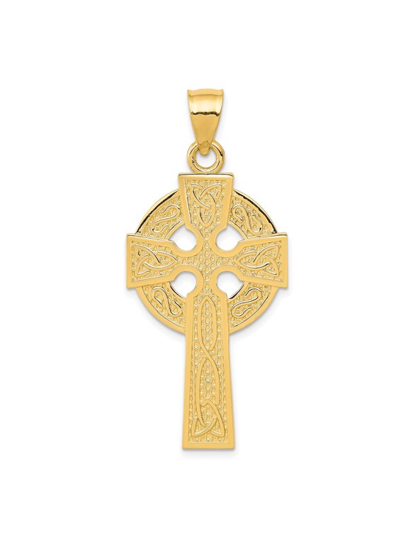 14k Yellow Gold Textured Celtic Cross Pendant Necklace with Triquetra Knotted Design for Men and Women Spiritual Jewelry with Faith and Heritage Motif