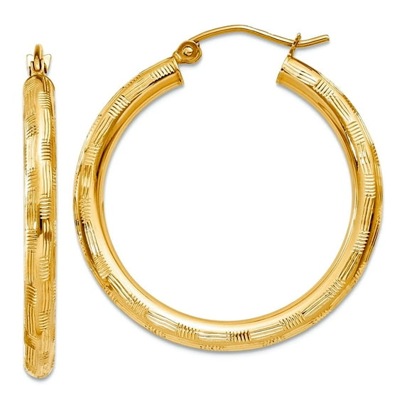 14k Yellow Gold Textured Hoop Earrings 30mm long 3mm Thick Hoop Earring for Women