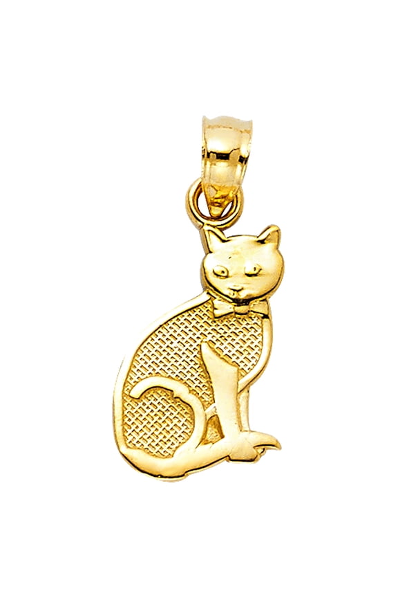 14k Yellow Gold Textured Kitten Pussy Cat Pendant Sitting Feline Charm Jewelry Female Unisex
