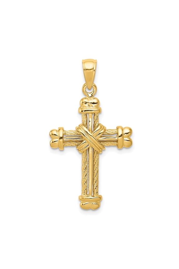 14k Yellow Gold Textured Latin Cross Pendant Necklace for Men and Women with Rope Design Polished Religious Symbol Faith Statement Jewelry Spiritual Accessory Classic Bold Style