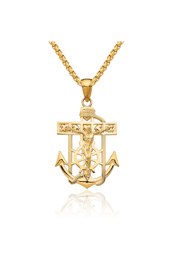 14K Solid Yellow Gold Anchor Mariner Lord Jesus Christ Crucifix Holy Cross Necklace Religious Chain Pendant Nautical Charm
