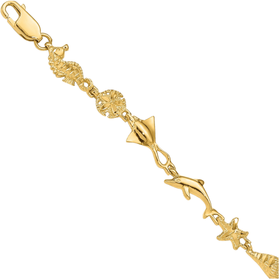 14K Solid Yellow Gold Ocean Motif Chain Charm Bracelet