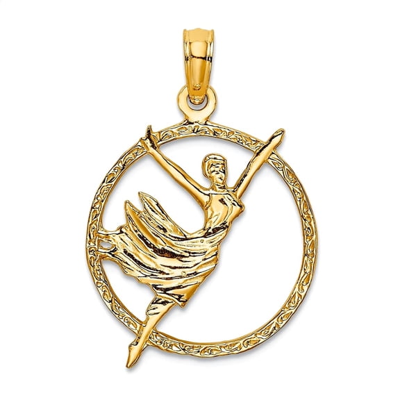 14k Yellow Gold Textured Polished Dancer in Circle Frame Pendant Necklace 24.9x17.1mm Pendant for Women