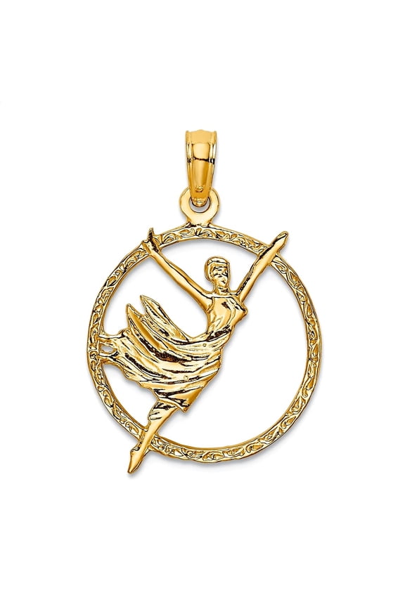 14k Yellow Gold Textured Polished Dancer in Circle Frame Pendant Necklace 24.9x17.1mm Pendant for Women