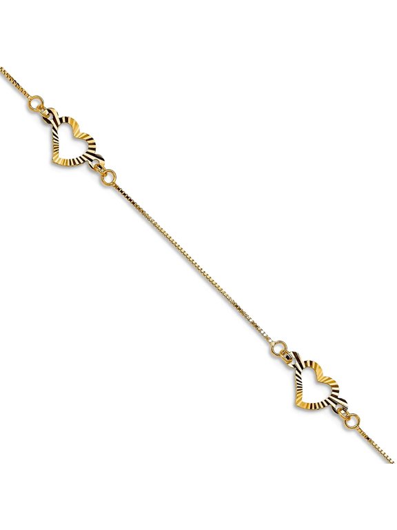 14k Yellow Gold Textured Polished Fancy Love Heart Bracelet 7.25 Inch Spring-Ring 6mm Wide Link Bracelet for Women