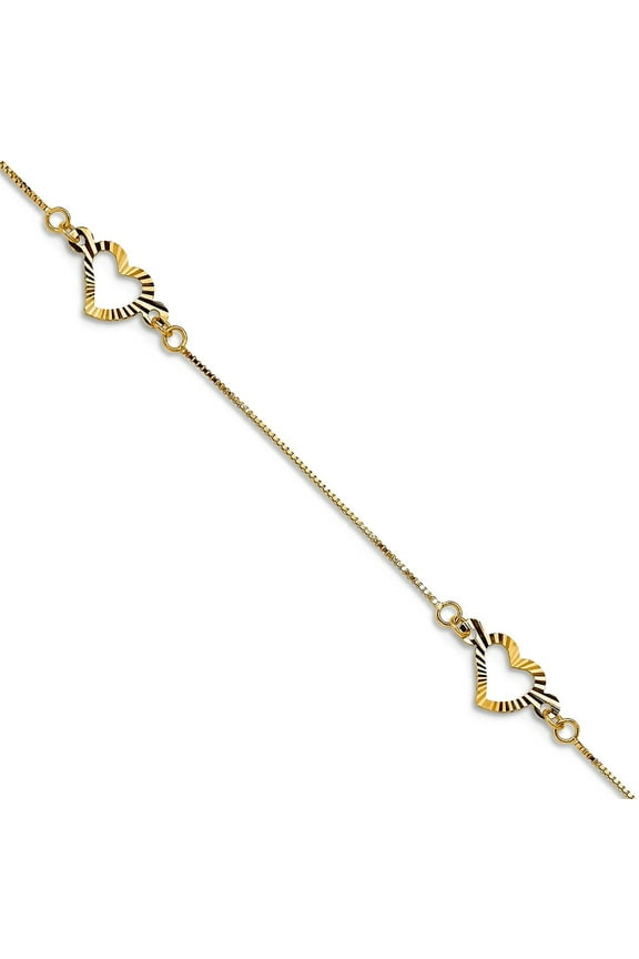 14k Yellow Gold Textured Polished Fancy Love Heart Bracelet 7.25 Inch Spring-Ring 6mm Wide Link Bracelet for Women