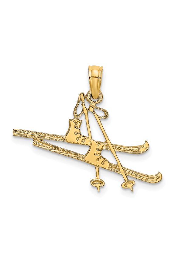 14k Yellow Gold Textured Polished Finish Open Back Snow Skis, Boots, and Pole Charm Pendant