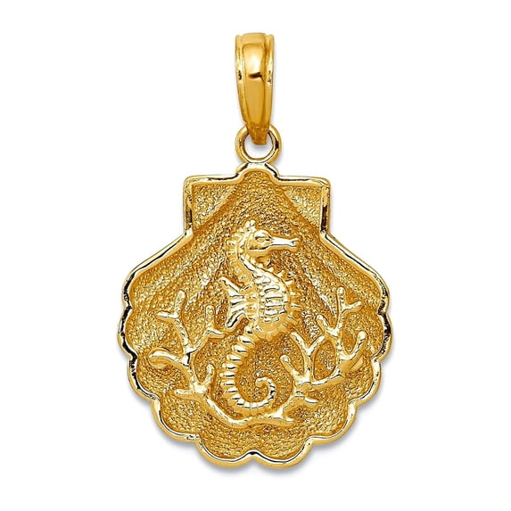14k Yellow Gold Textured Polished Seahorse In a Shell Pendant Necklace 23x15mm Wide Pendant for Women