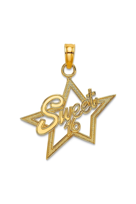14k Yellow Gold Textured Polished Sweet 16 Charm 22.5x20.4mm Wide Pendant Necklace for Women