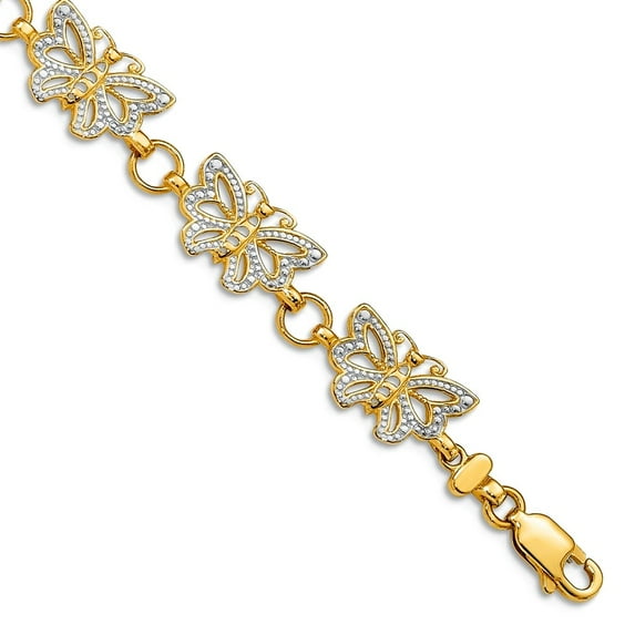 14k Yellow Gold Textured Polished and Rhodium Butterfly Angel Wings Bracelet 7 Inch Lobster Claw 8mm Wide Link Bracelet