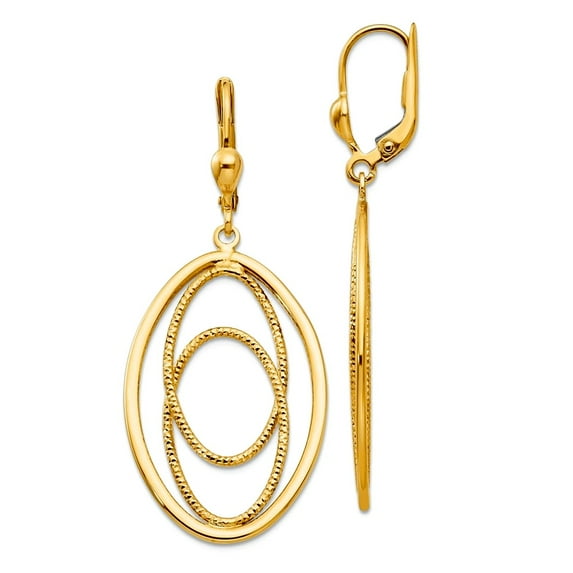 14k Yellow Gold Textured and Polished Dangle Leverback Earrings 50x21mm Wide Dangle Earring for Women