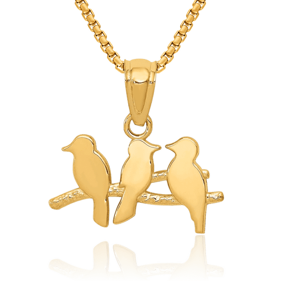 14K Solid Yellow Gold 3 Birds Branch Necklace Chain Pendant Charm