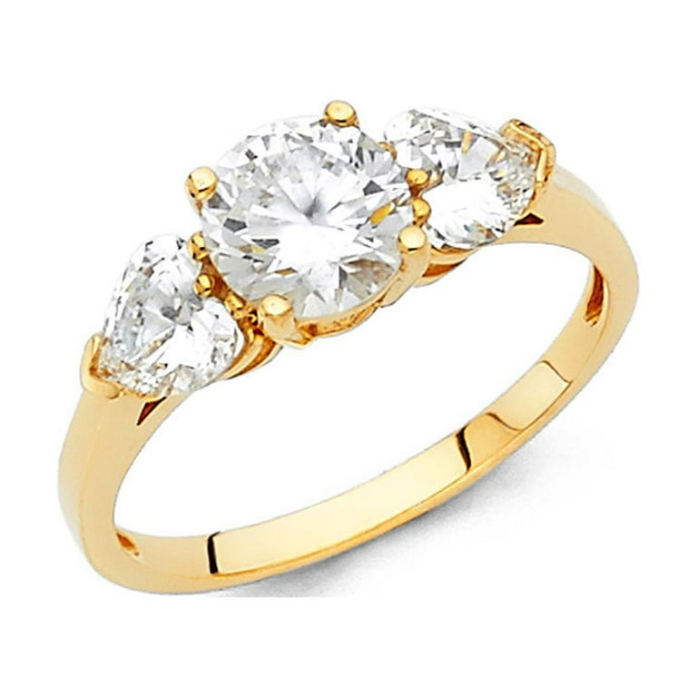 14k Yellow Gold Three Stone CZ Engagement Ring Anniversary 3 Stone Flower Ring Heart Side Stone Size 8.5