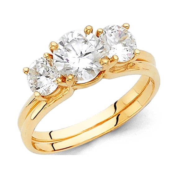 14k Yellow Gold Three Stone CZ Engagement Ring & Wedding Band Bridal Rings Set Anniversary Band Size 7