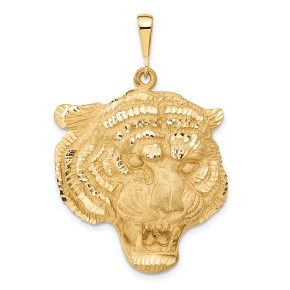 14k Yellow Gold Tiger Head Pendant Charm, Polished Textured Animal Jewelry for Men