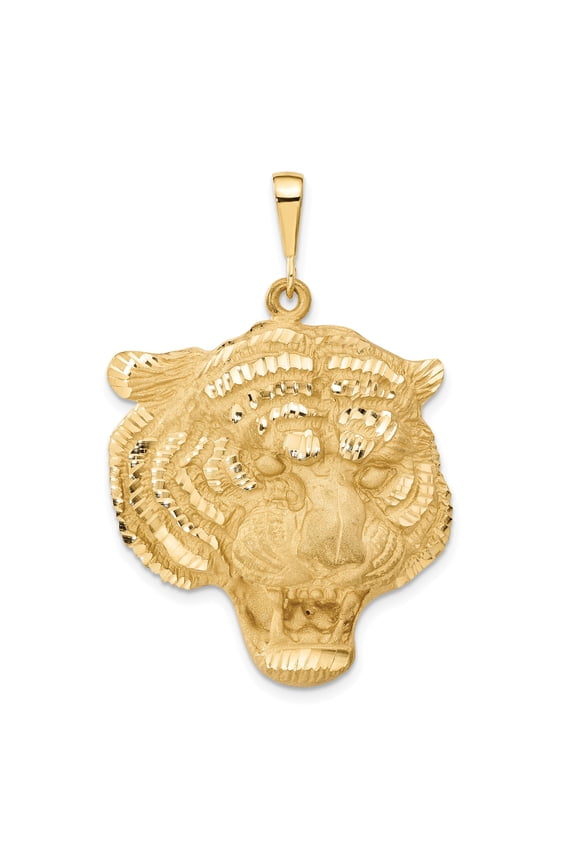 14k Yellow Gold Tiger Head Pendant Charm, Polished Textured Animal Jewelry for Men
