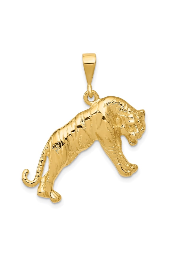 14k Yellow Gold Walking Tiger Pendant Charm, Polished Animal Jewelry for Men