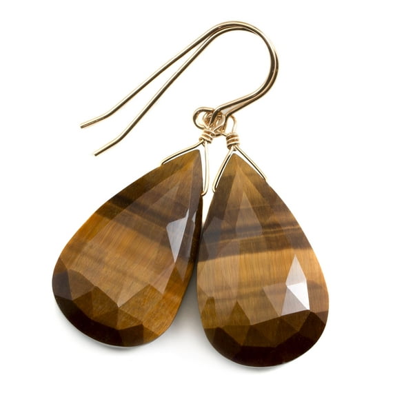 14k Yellow Gold Tiger's Eye Earrings Golden Long Large Faceted Wide Teardrops Shimmery Striping Spyglass Designs