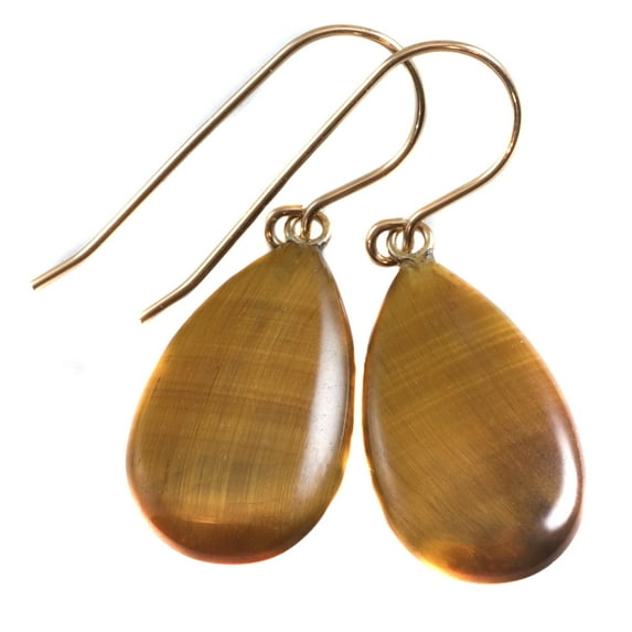 14k Yellow Gold Tiger's Eye Earrings Smooth Long Golden Shimmery Teardrop Simple Dangle Drops Goldtone Accents
