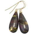 thumbnail image 1 of 14k Yellow Gold Tiger's Iron Eye Earrings Fat Rounded Long Teardrops Smooth Cut Spyglass Designs Goldtone Accents, 1 of 3
