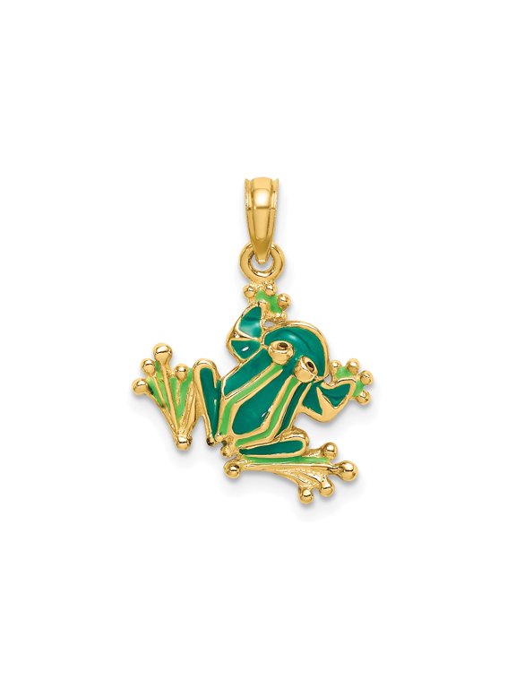 14k Yellow Gold Tree Frog Pendant with Green Enamel, Animal Necklace for Women or Unisex, Nature Jewelry Symbolizing Transformation and Renewal, Exotic Wildlife Charm