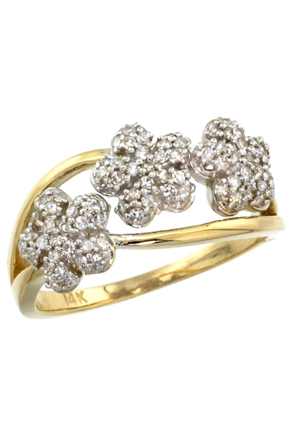 14k Yellow Gold Triple Flower Diamond Ring 0.50 cttw, 3/8 inch wide, size 5