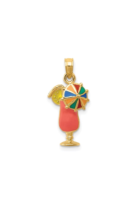 14k Yellow Gold Tropical Cocktail Pendant for Women with Enamel Beach Umbrella Citrus Slice Design, Summer Vacation Charm for Necklace or Bracelet