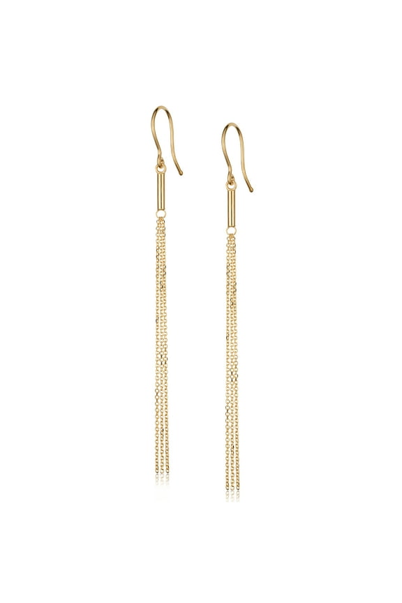 Au Naturale 14k Yellow Gold Tube Triple Strand Cable Chain Tassel Hook Earrings (2.8 inches long)