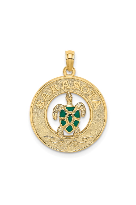 14k Yellow Gold Turtle Pendant with Green Enamel, Nautical Sea Life Jewelry for Women or Unisex Wear, Coastal Sarasota Marine Charm Symbolizing Longevity and Protection