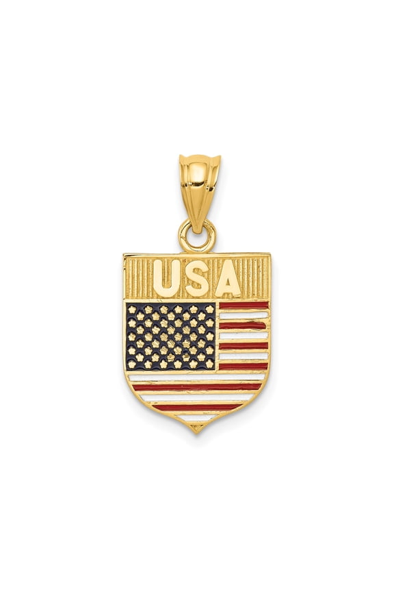 14k Yellow Gold USA Flag Shield Pendant Charm with Enamel, Polished