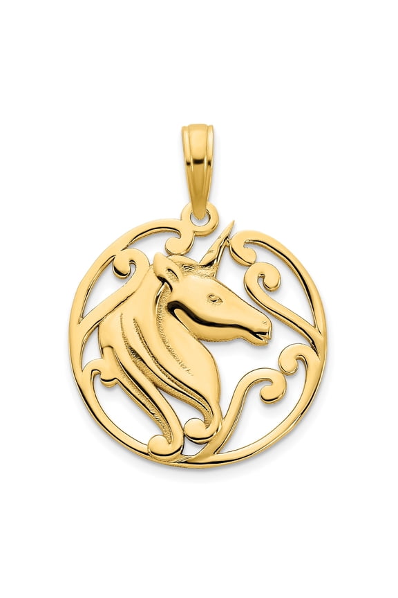 14k Yellow Gold Unicorn Pendant for Women or Teens, Openwork Scroll Fantasy Design, Magical Mythical Symbol, Whimsical Circular Medallion Style Jewelry