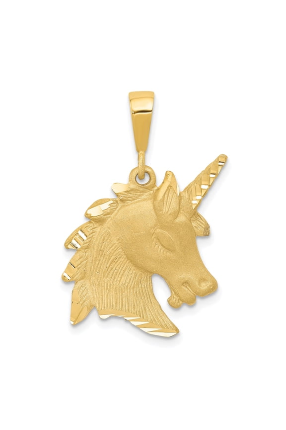 14k Yellow Gold Unicorn Pendant for Women and Unisex Wear, Polished and Textured Fantasy Charm, Magical Mythical Creature Jewelry, Whimsical Symbol of Imagination and Purity