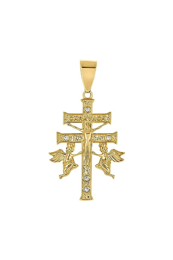14k Yellow Gold Unisex Cubic Zirconia Caravaca Cross Religious Pendant Necklace 33.4x17.5mm Wide Pendant for Women