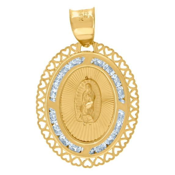 14k Yellow Gold Unisex Cubic Zirconia Diamond-cut Textured Lady Of Guadalupe Religious Charm Pendant Necklace 25.4x16.4m