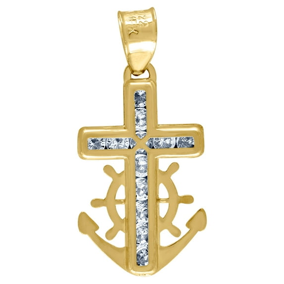 14k Yellow Gold Unisex CZ Nautical Ship Mariner Anchor Cross Religious Charm Pendant Necklace 21.1x9.8mm Wide Pendant fo