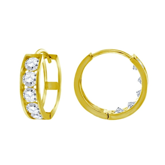 14k Yellow Gold Unisex Single Row Cubic Zirconia Huggie Hoop 13.8mm X 3.7mm Endless Closure Earrings Hoop Earring for Wo