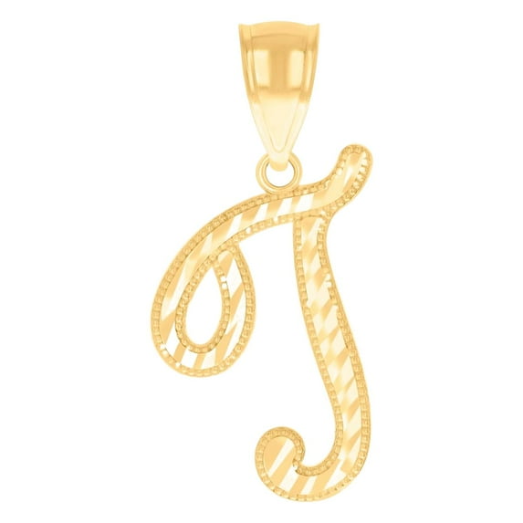 14k Yellow Gold Unisex Sparkle-Cut Letter Name Personalized Monogram Initial Alphabet T Charm Pendant Necklace 25.2x15.2