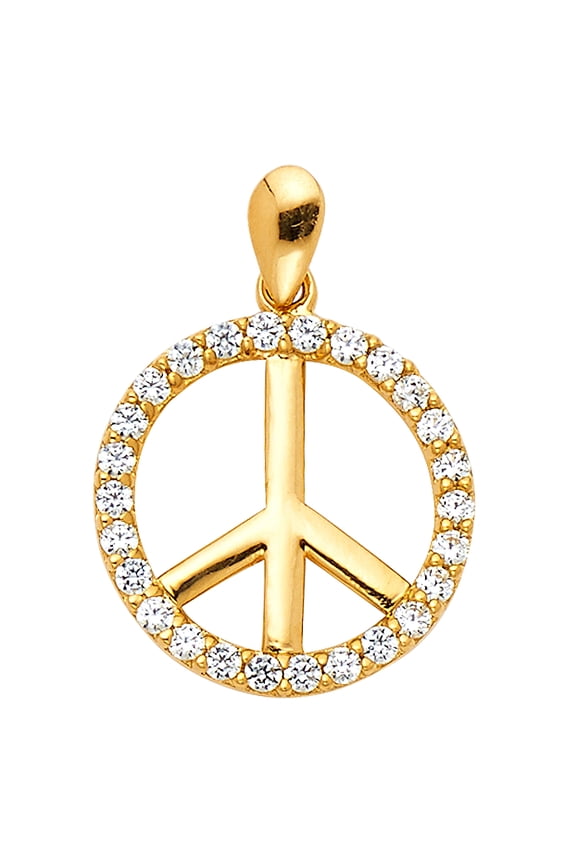 14k Yellow Gold Unity Circle Stylish Peace Sign Symbol Pendant Clear CZ Charm Jewelry Female