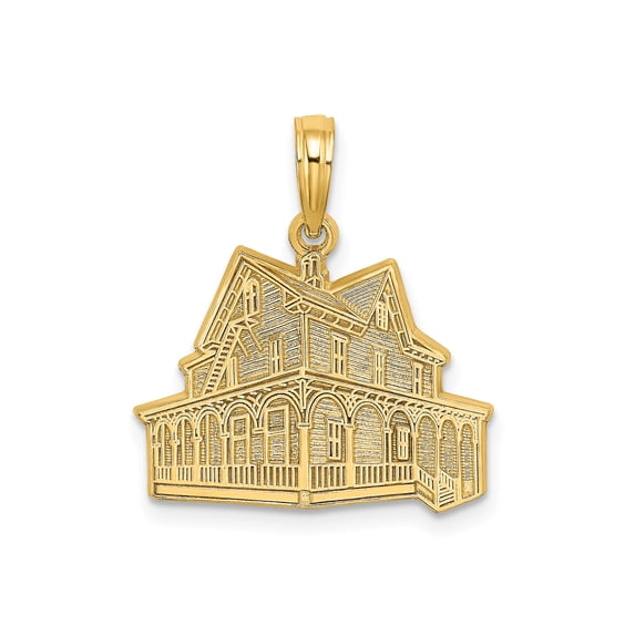 14k Yellow Gold Victorian House Pendant for Women or Unisex Wear, Vintage Architecture Charm with Arched Windows, Symbolic Home Keepsake Jewelry, Ornate Design, Nostalgic Style